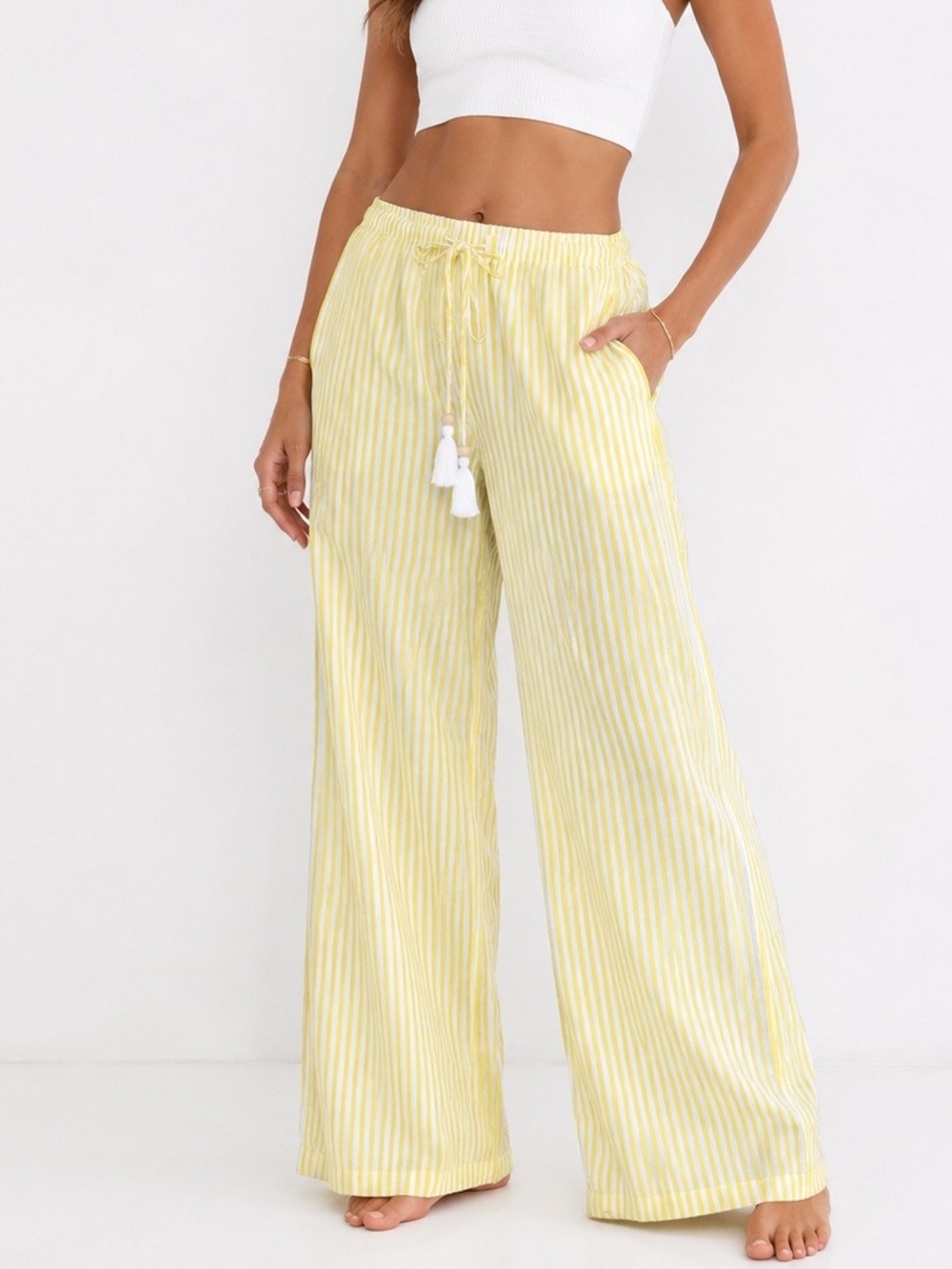 True Destinations Resort Wear Lemon Meringue Yellow Stripe Wide Leg Pants XS NWT